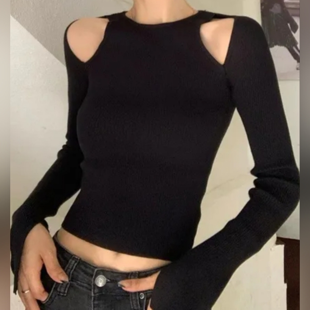 Zara Black Ribbed Cold-Shoulder Crew Neck Sweater